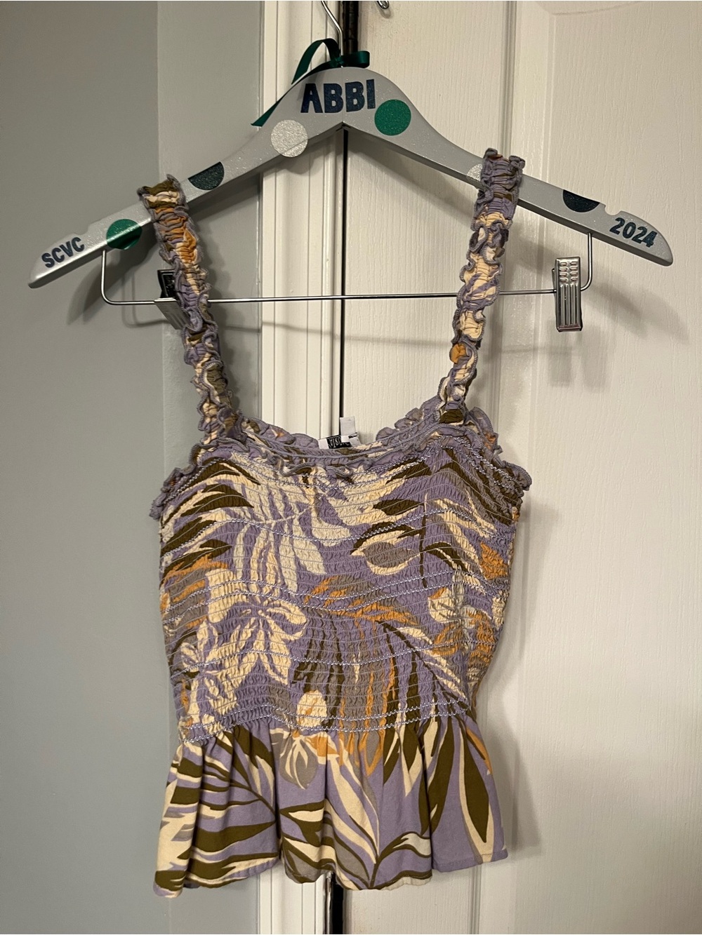 Patrons of Peace Lavender Tropical Smocked Tank with Olive and Cream